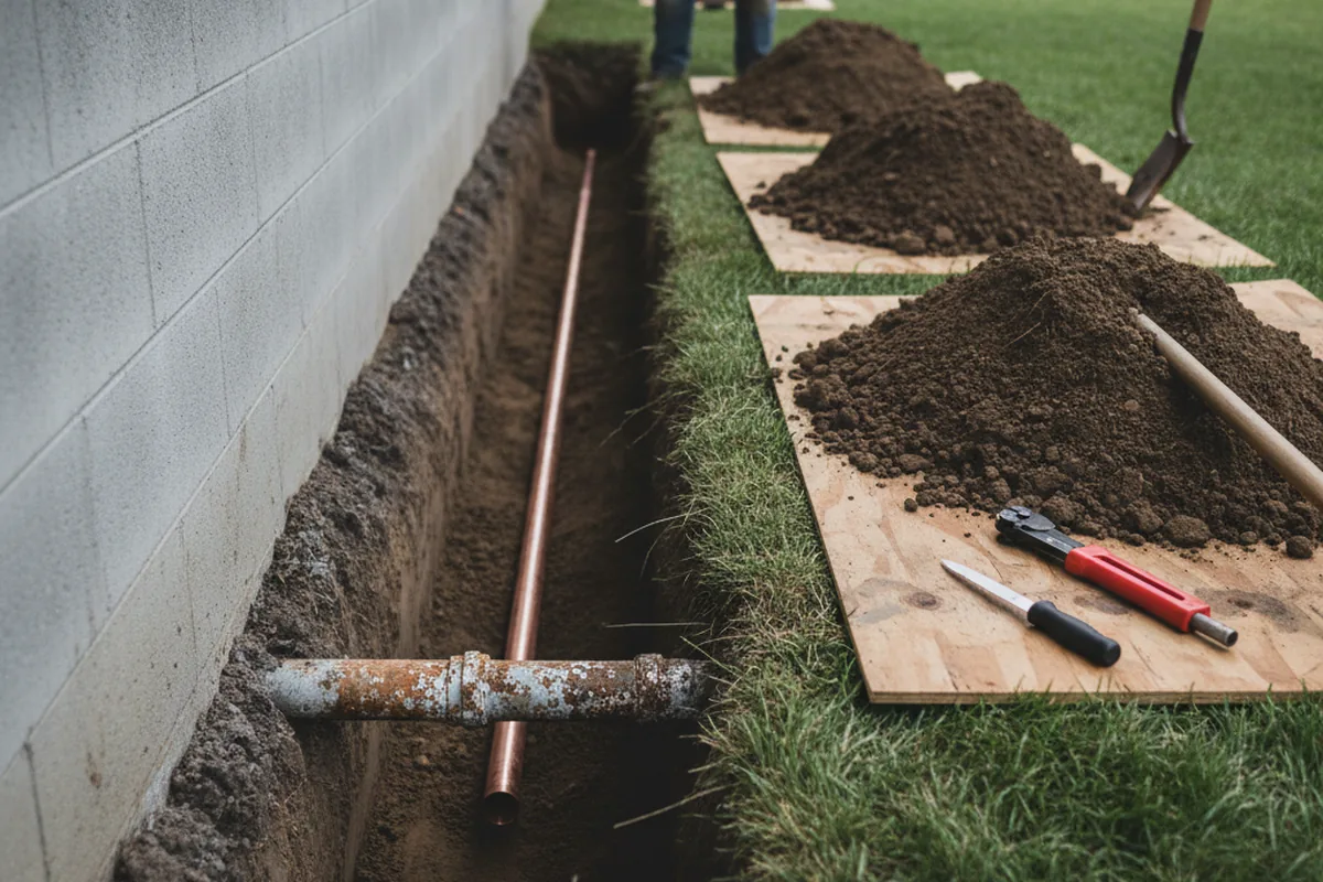 Excavated water line trench during Water Softener Installation in Port Orford